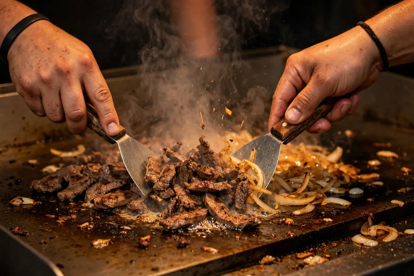 Hands working the hot plancha at the taco truck