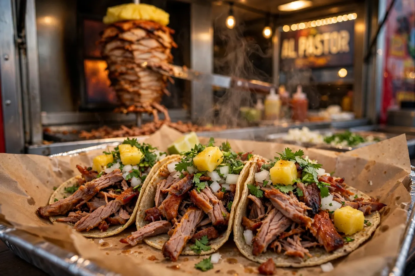Tacos al pastor on a tray at the truck window