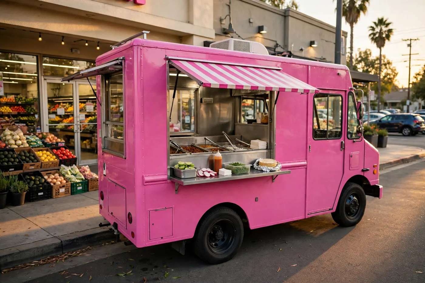 The pink Alebrijes Grill taco truck with its serving window open in front of Northgate Market